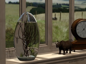 an image of an ecosphere on an off-white windowsill, with a rhino statue and clock off to the side