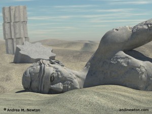 a worn, eroded statue of a man, on its side in a sandy desert with broken columns behind it