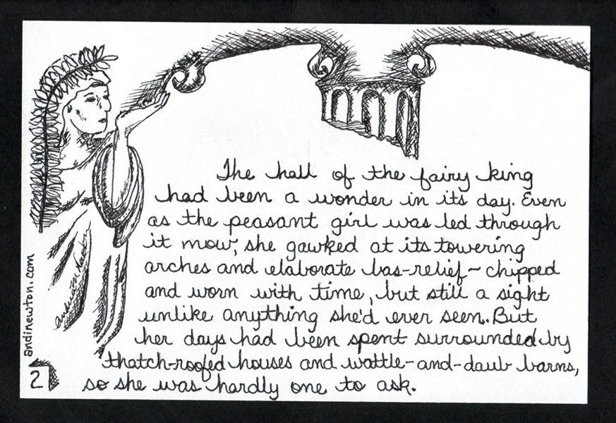 A robed woman with a frond behind her holds one end of an arch in her hand. A broken column decends from the middle above the story text.