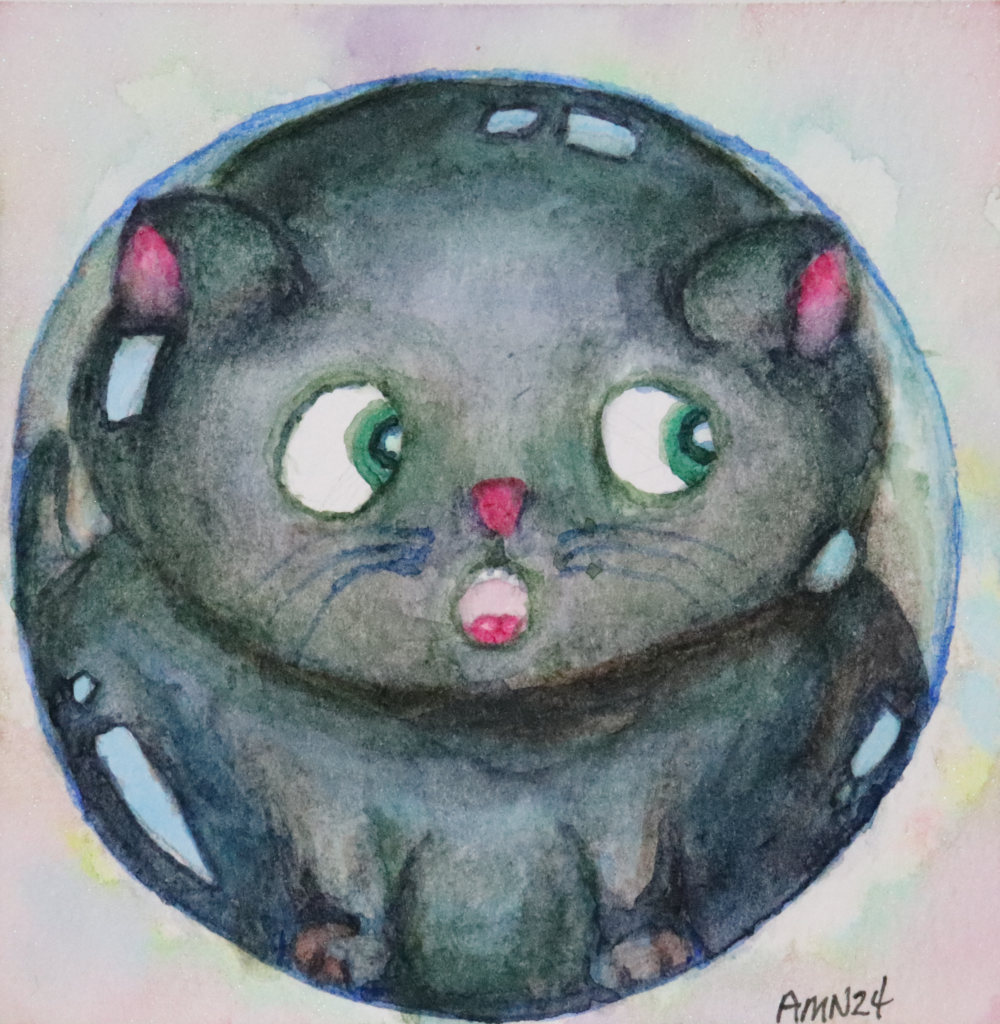 Watercolor painting of a cartoon black kitten trapped in a bubble. His mouth is open, and he's looking to the side