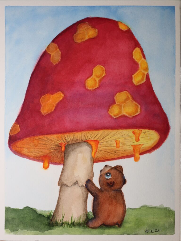 Watercolor painting of a giant amanita mushroom. Instead of white spots, it has honeycombs. Honey is dripping out of its gills. A baby bear is reaching up trying to get the honey.