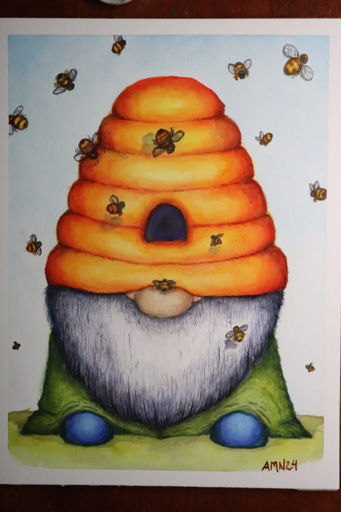 Watercolor painting of a gnome in a green robe with blue shoes. He's wearing a beehive, aka skep, as a hat. It has an opening in it. Bees are flying around the gnome, in and out of the skep.