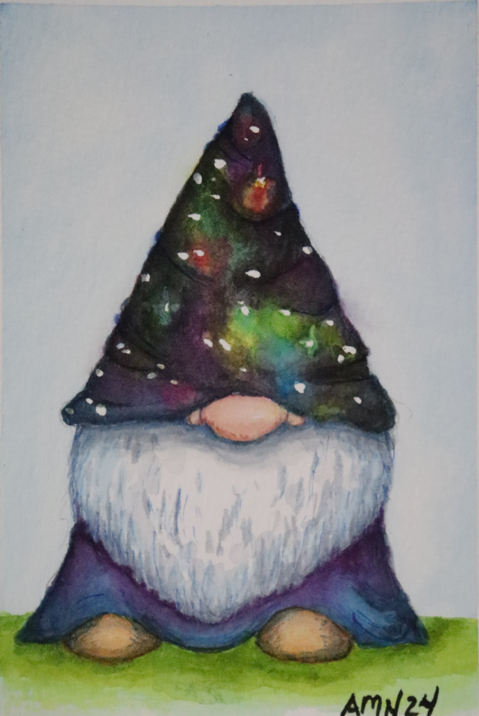 Painting of a gnome in an blueish robe with a hat filled with colorful nebulae and stars. His beard is white, and only his nose stick out from under his hat.