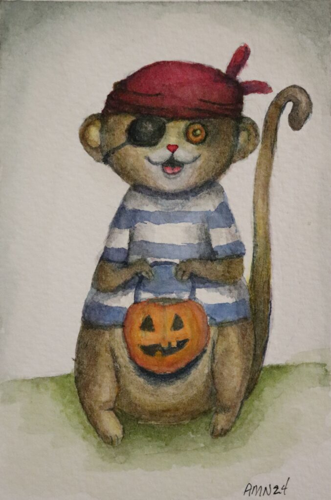 Watercolor painting of a cartoon monkey dressed in a blue and white striped shirt with an eyepatch and red bandana. He's holding a pumpkin candy bucket